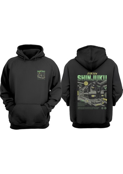 Unisex Shinjuku Tren Tasarım Ön Arka Baskılı Normal Kalıp Siyah Sweatshirt