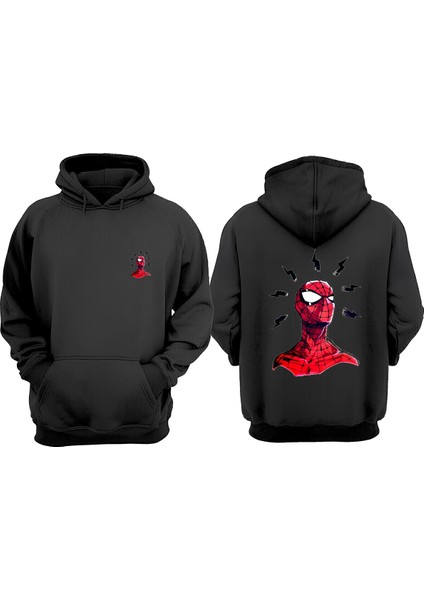 Unisex Spiderman Duyu Tasarım Ön Arka Baskılı Normal Kalıp Siyah Sweatshirt