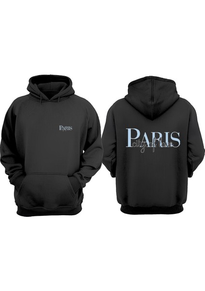 Unisex Paris City Love Tasarım Ön Arka Baskılı Normal Kalıp Siyah Sweatshirt