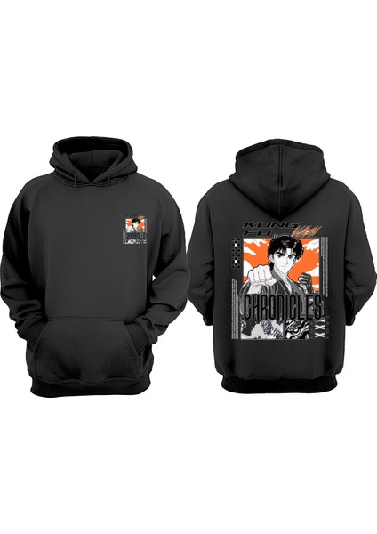 Unisex Kungfu Man Anime Manga Tasarım Ön Arka Baskılı Normal Kalıp Siyah Sweatshirt