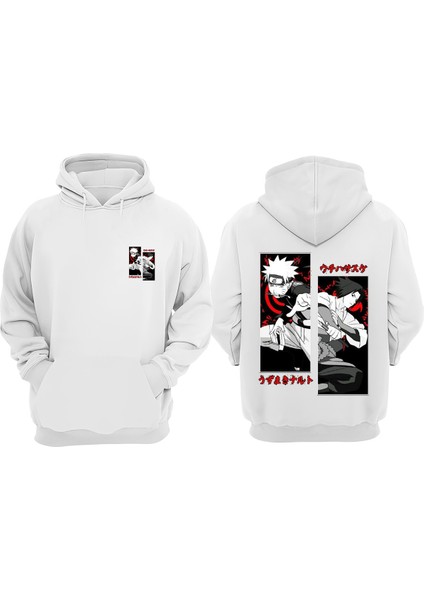Unisex Naruto Sasuke Tasarım Ön Arka Baskılı Normal Kalıp Beyaz Sweatshirt