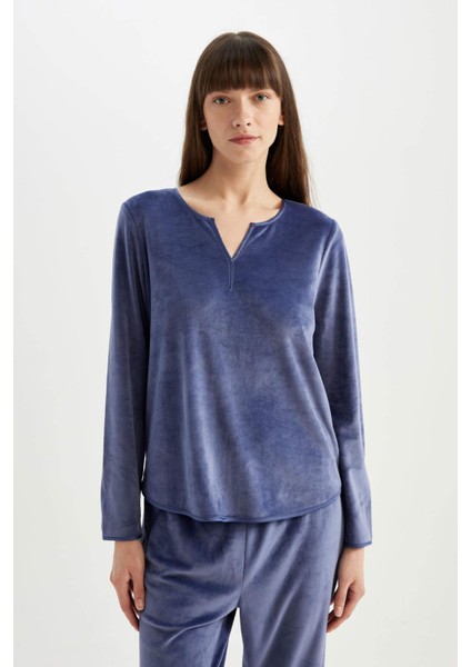 Fall in Love Pijama Takım V Yaka Velur Uzun Kollu Üst Beli Lastikli Alt A3356AX24AU fırsatları