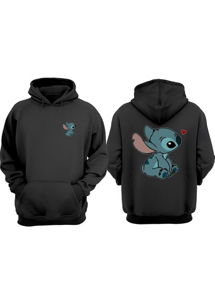 Unisex Stick Love Tasarım Ön Arka Baskılı Normal Kalıp Siyah Sweatshirt