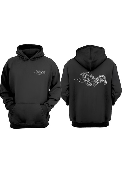 Unisex Yılanı Bıcaklayan Adam Tasarım Ön Arka Baskılı Normal Kalıp Siyah Sweatshirt