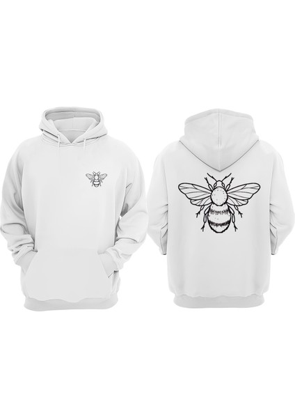 Unisex Arı Cizim Tasarım Ön Arka Baskılı Normal Kalıp Beyaz Sweatshirt