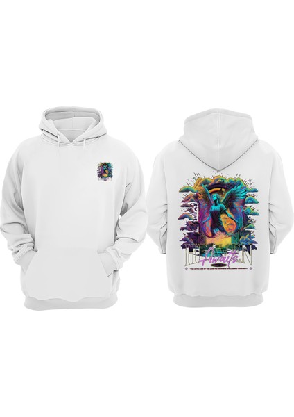 Unisex Heaven Awaits Tasarım Ön Arka Baskılı Normal Kalıp Beyaz Sweatshirt