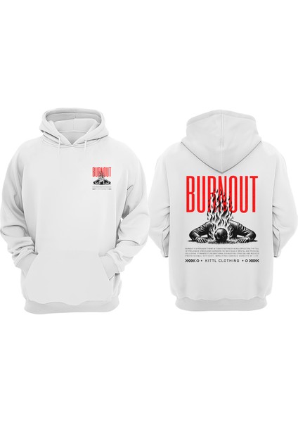 Unisex Burnout Yanan Adam Tasarım Ön Arka Baskılı Normal Kalıp Beyaz Sweatshirt