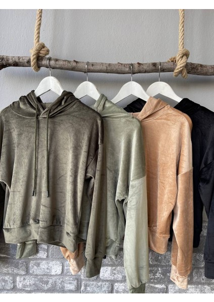 Kadın Sweat Kadife Uzun Kollu Kapişonlü fırsatları