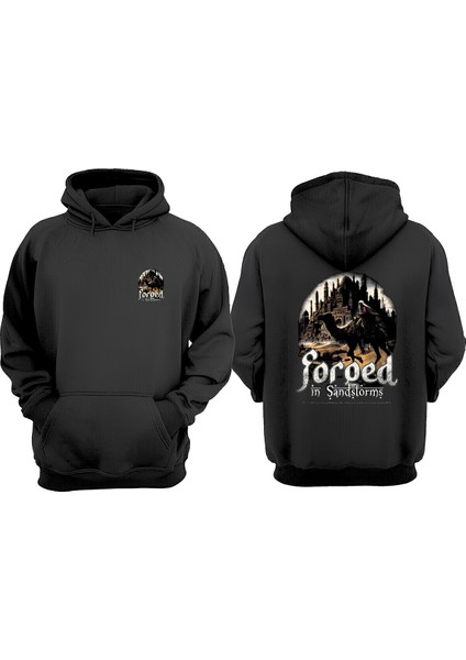 Unisex Forged In Sandstorms Vintage Halftone Tasarım Ön Arka Baskılı Normal Kalıp Siyah Sweatshirt