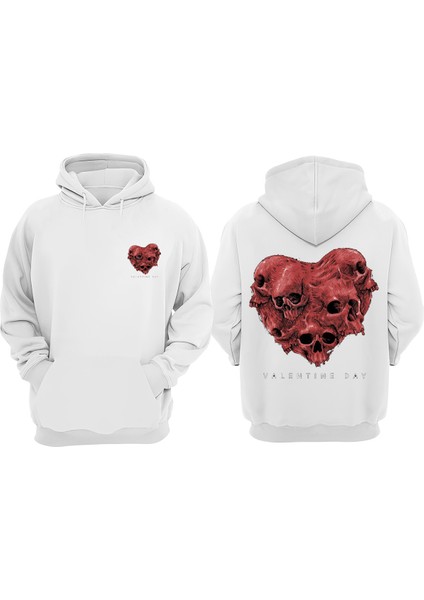 Unisex Kurukafalar Love Tasarım Ön Arka Baskılı Normal Kalıp Beyaz Sweatshirt