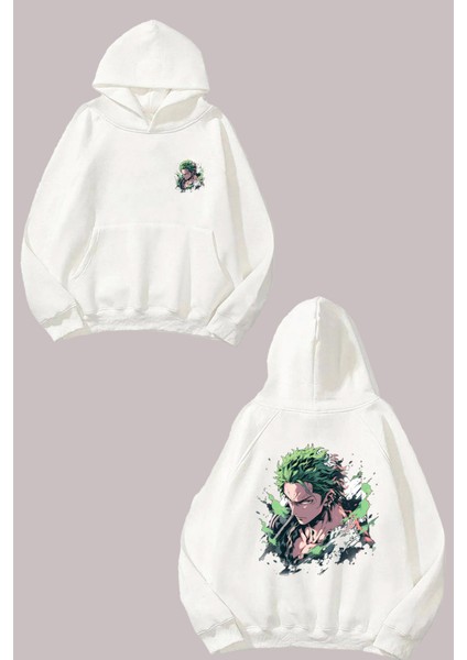 Unisex One Piece Roronoa Zoro Yeşil Saç Tasarım Ön Arka Baskılı Normal Kalıp Beyaz Sweatshirt
