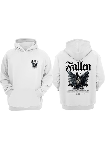 Unisex Fallen Skeleton Wings Tasarım Ön Arka Baskılı Normal Kalıp Beyaz Sweatshirt