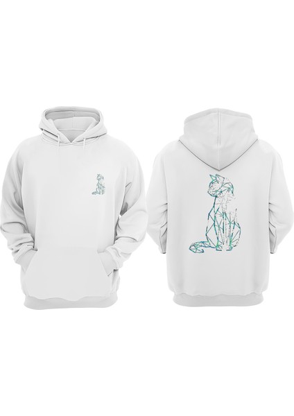 Unisex Mavi Kedi Cizim Tasarım Ön Arka Baskılı Normal Kalıp Beyaz Sweatshirt