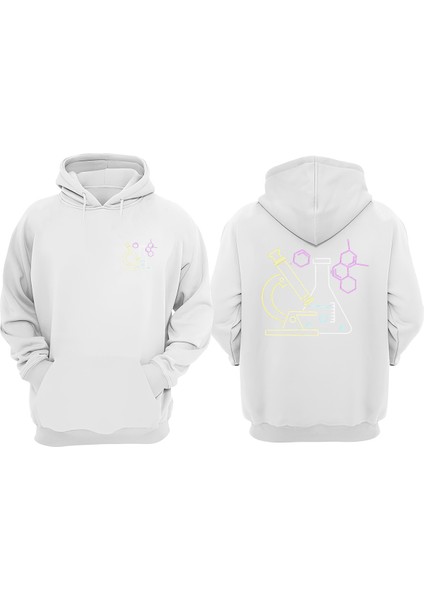 Unisex Deney Tupu ve Mikroskop Tasarım Ön Arka Baskılı Normal Kalıp Beyaz Sweatshirt