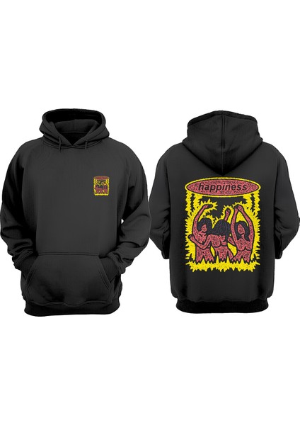 Happiness Tasarım Ön Arka Baskılı Normal Kalıp Siyah Sweatshirt