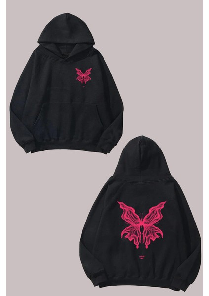 Unisex Pembe Kelebek Tasarım Ön Arka Baskılı Normal Kalıp Siyah Sweatshirt