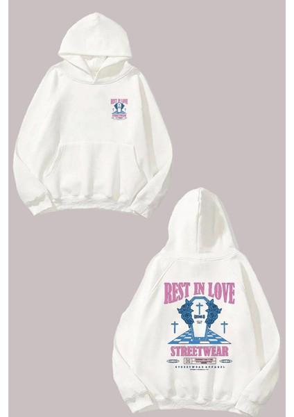 Restın Love Streetwear Tasarım Ön Arka Baskılı Normal Kalıp Beyaz Sweatshirt