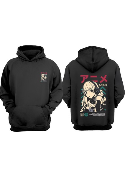 Unisex Anime Girl Japan Tasarım Ön Arka Baskılı Normal Kalıp Siyah Sweatshirt
