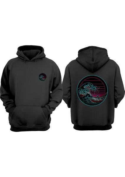 Unisex Jopon Dalga Tasarım Ön Arka Baskılı Normal Kalıp Siyah Sweatshirt