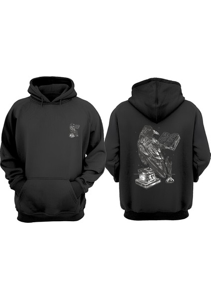 Kitap Okuyan Karga Tasarım Ön Arka Baskılı Normal Kalıp Siyah Sweatshirt
