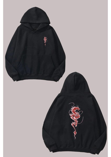 Red Dragon Cizimi Tasarım Ön Arka Baskılı Normal Kalıp Siyah Sweatshirt