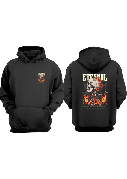 Unisex Eternal Kuru Kafa Tasarım Ön Arka Baskılı Normal Kalıp Siyah Sweatshirt
