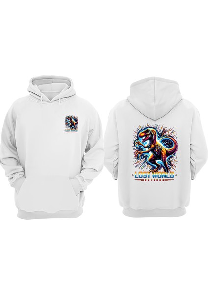 Lost World Dinazor Tasarım Ön Arka Baskılı Normal Kalıp Beyaz Sweatshirt