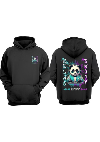 Unisex Hip Hop Relax Enjoy Tasarım Ön Arka Baskılı Normal Kalıp Siyah Sweatshirt