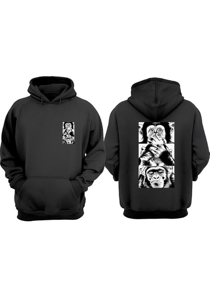 Unisex Üç Maymun Çizim Tasarım Ön Arka Baskılı Normal Kalıp Siyah Sweatshirt