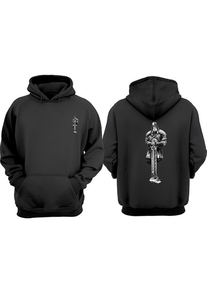 Unisex Savaşçı Komutan Tasarım Ön Arka Baskılı Normal Kalıp Siyah Sweatshirt