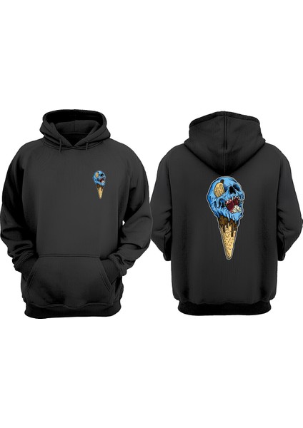 Unisex Eriyen Yüz Dondurma Tasarım Ön Arka Baskılı Normal Kalıp Siyah Sweatshirt