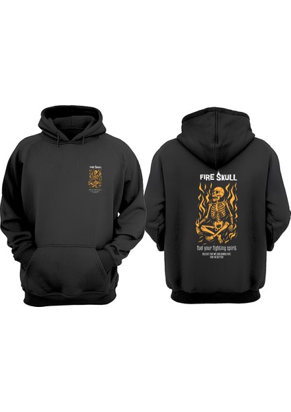 Unisex Fire Skull Fuel Tasarım Ön Arka Baskılı Normal Kalıp Siyah Sweatshirt