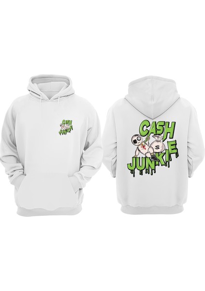 Unisex Cash Junkıe Tasarım Ön Arka Baskılı Normal Kalıp Beyaz Sweatshirt
