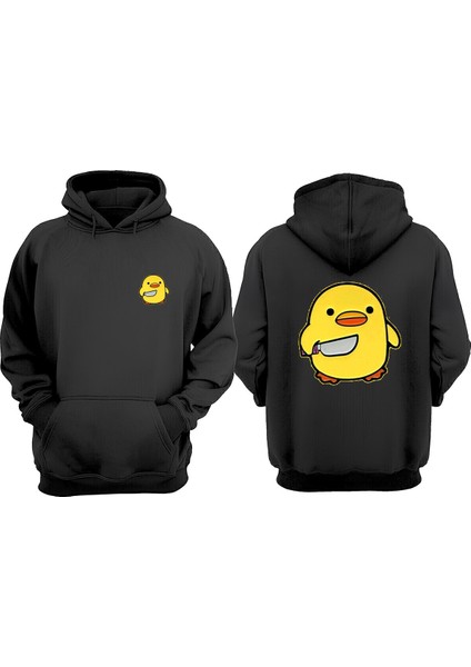 Unisex Bıcaklı Civciv Tasarım Ön Arka Baskılı Normal Kalıp Siyah Sweatshirt