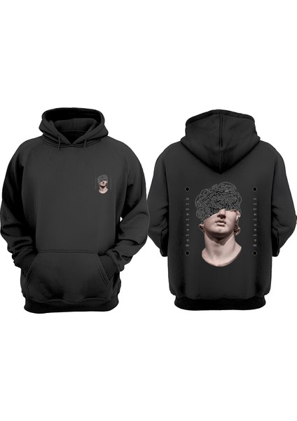 Unisex Kafası Karısık Face Tasarım Ön Arka Baskılı Normal Kalıp Siyah Sweatshirt