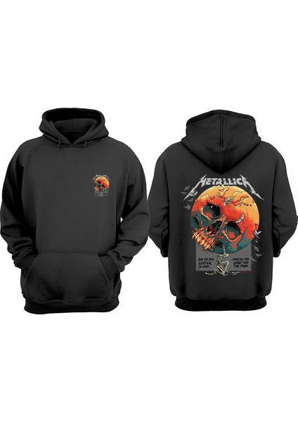 Unisex Metallıca Sarı Kuru Kafa Tasarım Ön Arka Baskılı Normal Kalıp Siyah Sweatshirt