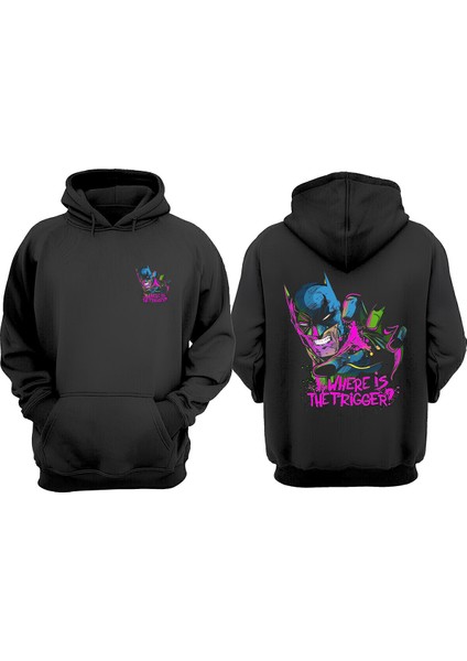 Unisex Wer Is The Trigger Batman Tasarım Ön Arka Baskılı Normal Kalıp Siyah Sweatshirt