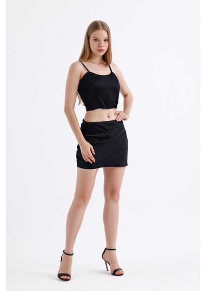 Sırtı Fermuarlı Plastik Askılı Saten Balenli Bustiyer | BUST3577 Siyah