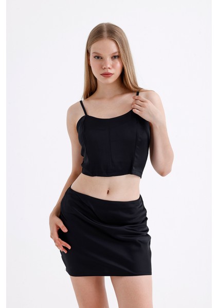 Sırtı Fermuarlı Plastik Askılı Saten Balenli Bustiyer | BUST3577 Siyah fırsatları