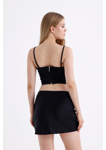 Sırtı Fermuarlı Plastik Askılı Saten Balenli Bustiyer | BUST3577 Siyah indirimleri