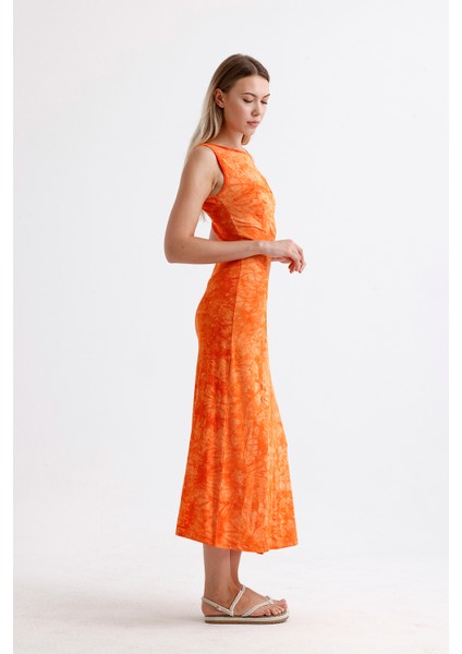 Yırtmaçlı Kolsuz Likralı Viskon Elbise | ELB35734 Oranj Batik