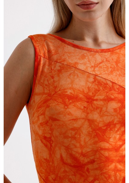 Yırtmaçlı Kolsuz Likralı Viskon Elbise | ELB35734 Oranj Batik