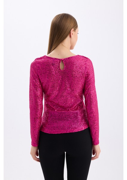 Içi Astarlı Pul Payet Abiye Bluz | BLZ35497 Fuşya