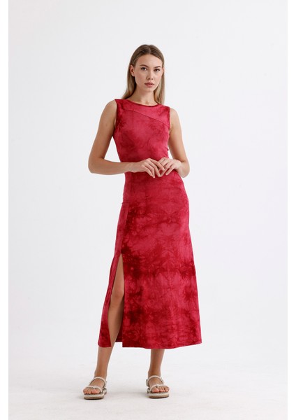 Yırtmaçlı Kolsuz Likralı Viskon Elbise | ELB35734 Bordo Batik