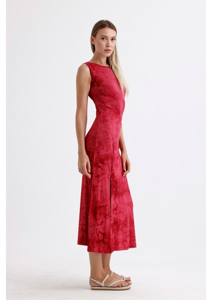 Yırtmaçlı Kolsuz Likralı Viskon Elbise | ELB35734 Bordo Batik