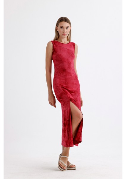 Yırtmaçlı Kolsuz Likralı Viskon Elbise | ELB35734 Bordo Batik