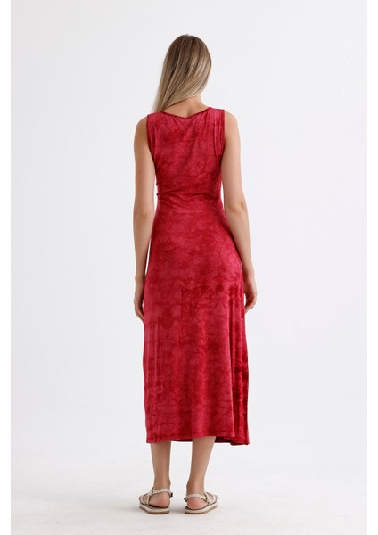 Yırtmaçlı Kolsuz Likralı Viskon Elbise | ELB35734 Bordo Batik