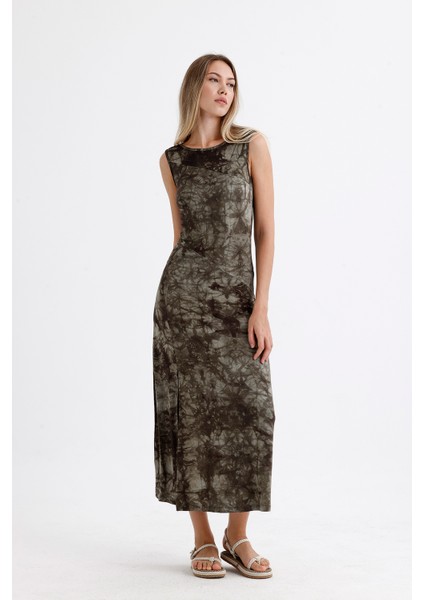 Yırtmaçlı Kolsuz Likralı Viskon Elbise ELB35734 Haki Batik