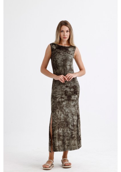 Yırtmaçlı Kolsuz Likralı Viskon Elbise ELB35734 Haki Batik fiyatları