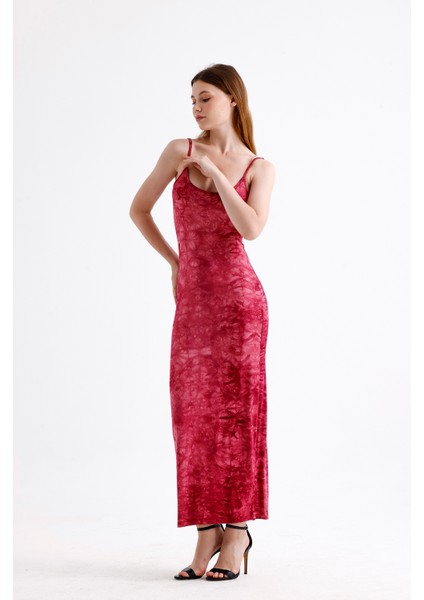 Yırtmaçlı Askılı Likralı Viskon Elbise | ELB35782 Bordo Batik